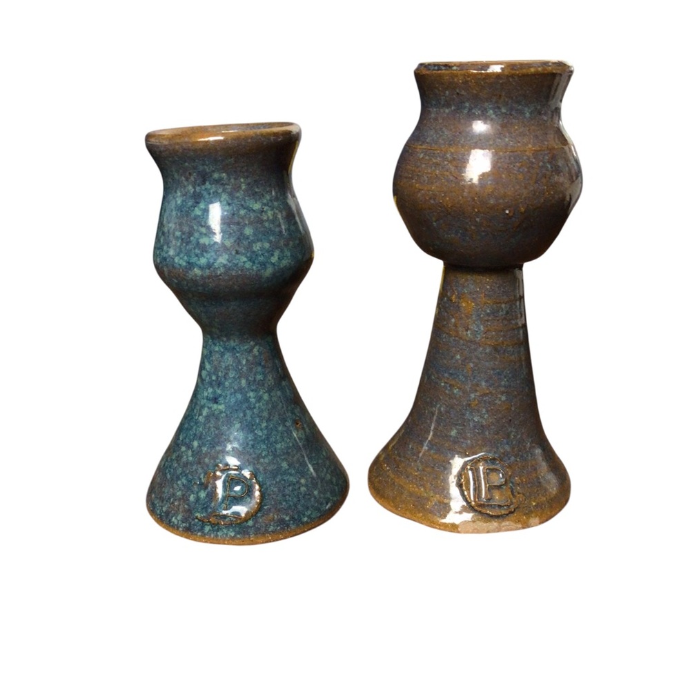 Pottery Ceramic Candlestick Holders - Blue and Brown Set of 2